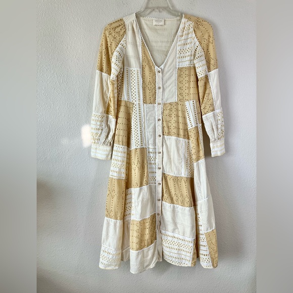 SEZANE Eyelet Patchwork Midi Dress Matissa Long Sleeve Cottagecore Peasant 4 US - Picture 16 of 16